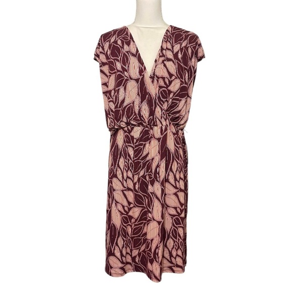 NWOT London Times Woman 14W Burgundy Maroon Orange Navy Leaf Faux Wrap Dress New - Picture 3 of 7